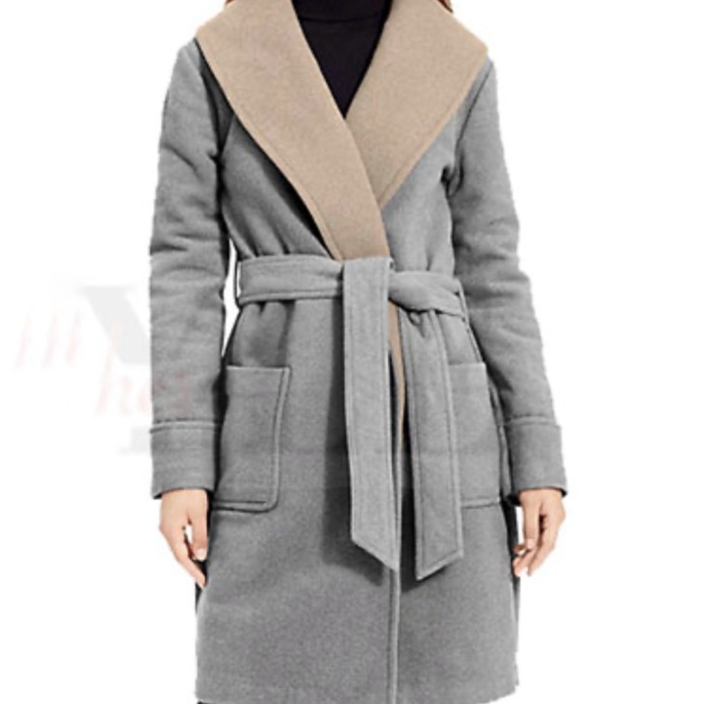 Ralph Lauren Women’s Classic Grey and Tan Wool Coat‎ Shawl Collar Size Small